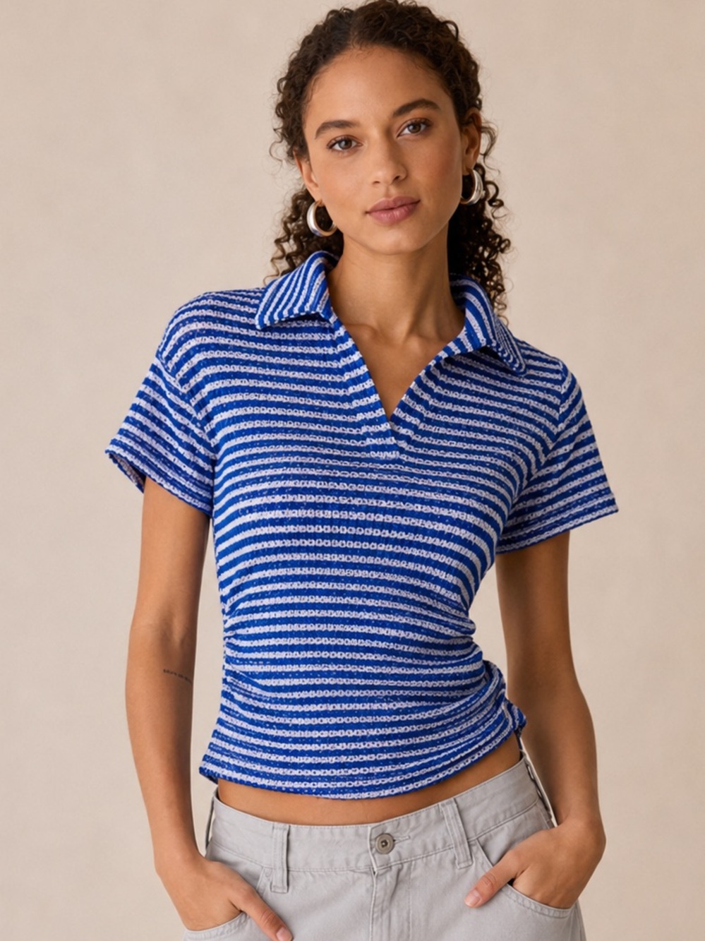 SHEIN Blue Striped Textured Polo Top | Ruched Sides